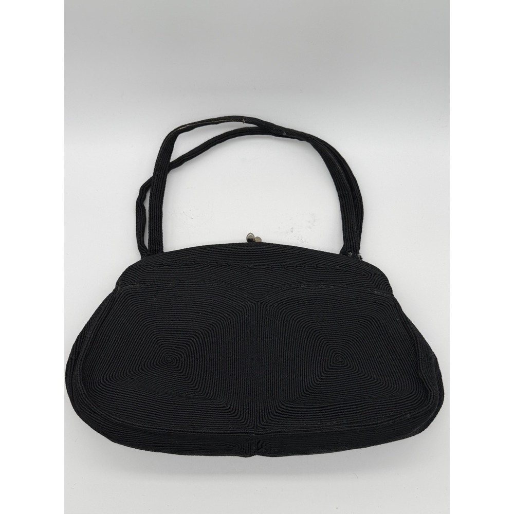 Genuine Corde Handbag Womens Black Good Vintage Rayon Corded Kiss Lock Bag